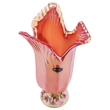 Italian Collection Footed Murano Flower Centerpiece Vase 16 Inch, Pink