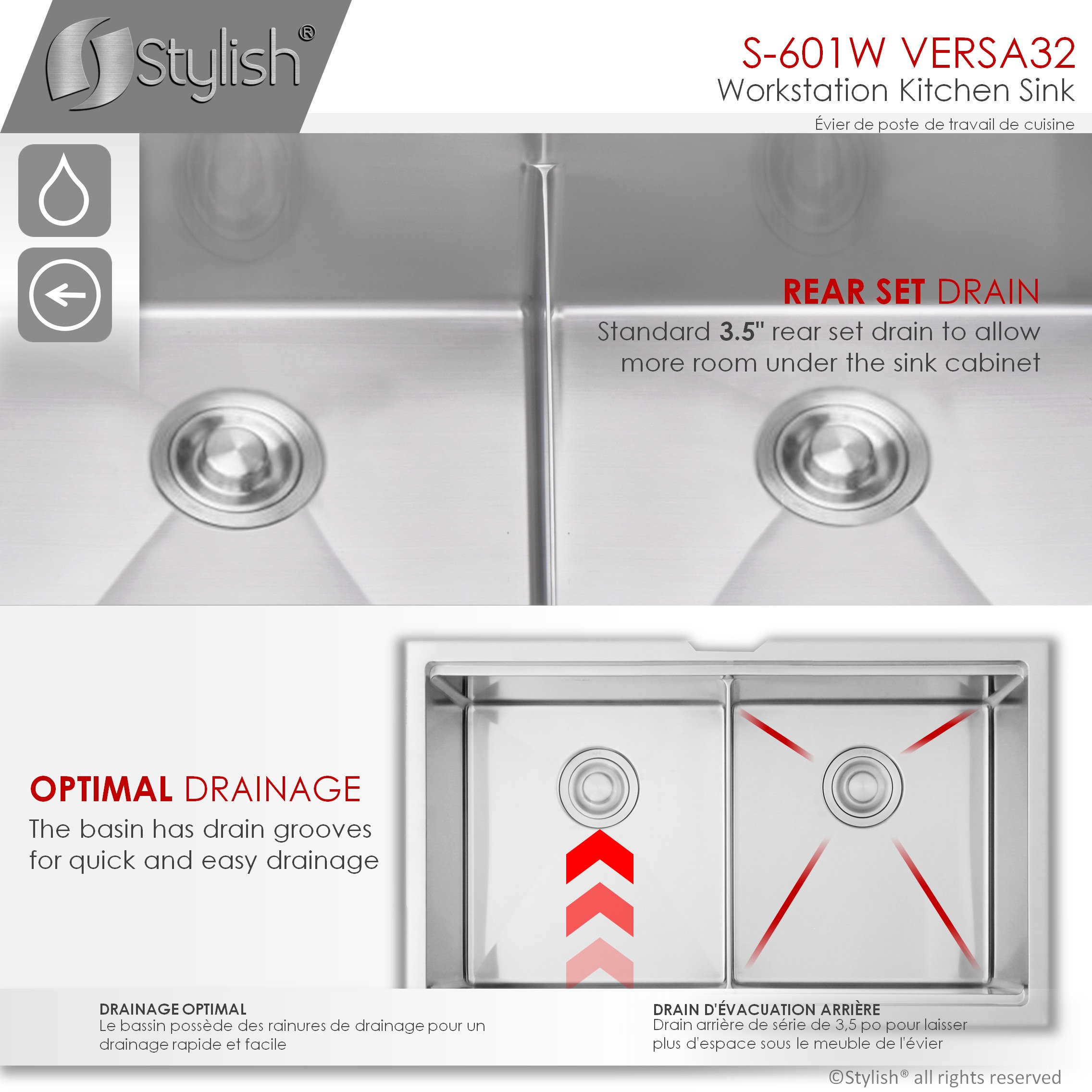 STYLISH 32 in Workstation Double Bowl Undermount Kitchen Sink with Accessories