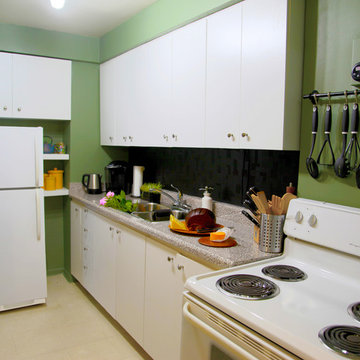 Kitchen counters from stove to refridgerator. After