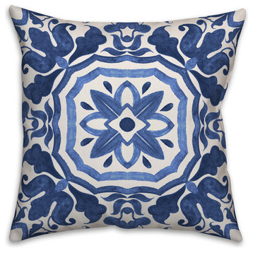 Blue Watercolor Damask Tile 18x18 Throw Pillow