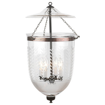 Vertical Leaf Prismatic Etching Hundi Glass Bell Jar Lantern 12"D, Antique Brass