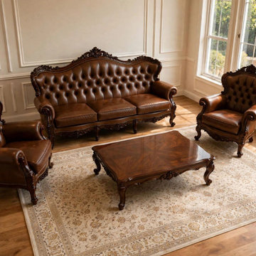 Custom Solid Teak Wood Leather Sofa Set | Carved French living room furniture