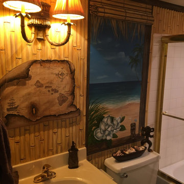 Polynesian Themed Mural thoughout a bathroom, hand-painted by Tom Taylor