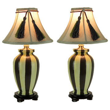 Vertical Striped Small Ceramic Table Lamp with Tassel Shade Set of 2