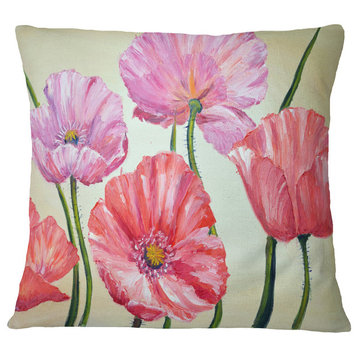 Red And Pink Poppies Floral Throw Pillow, 16"x16"