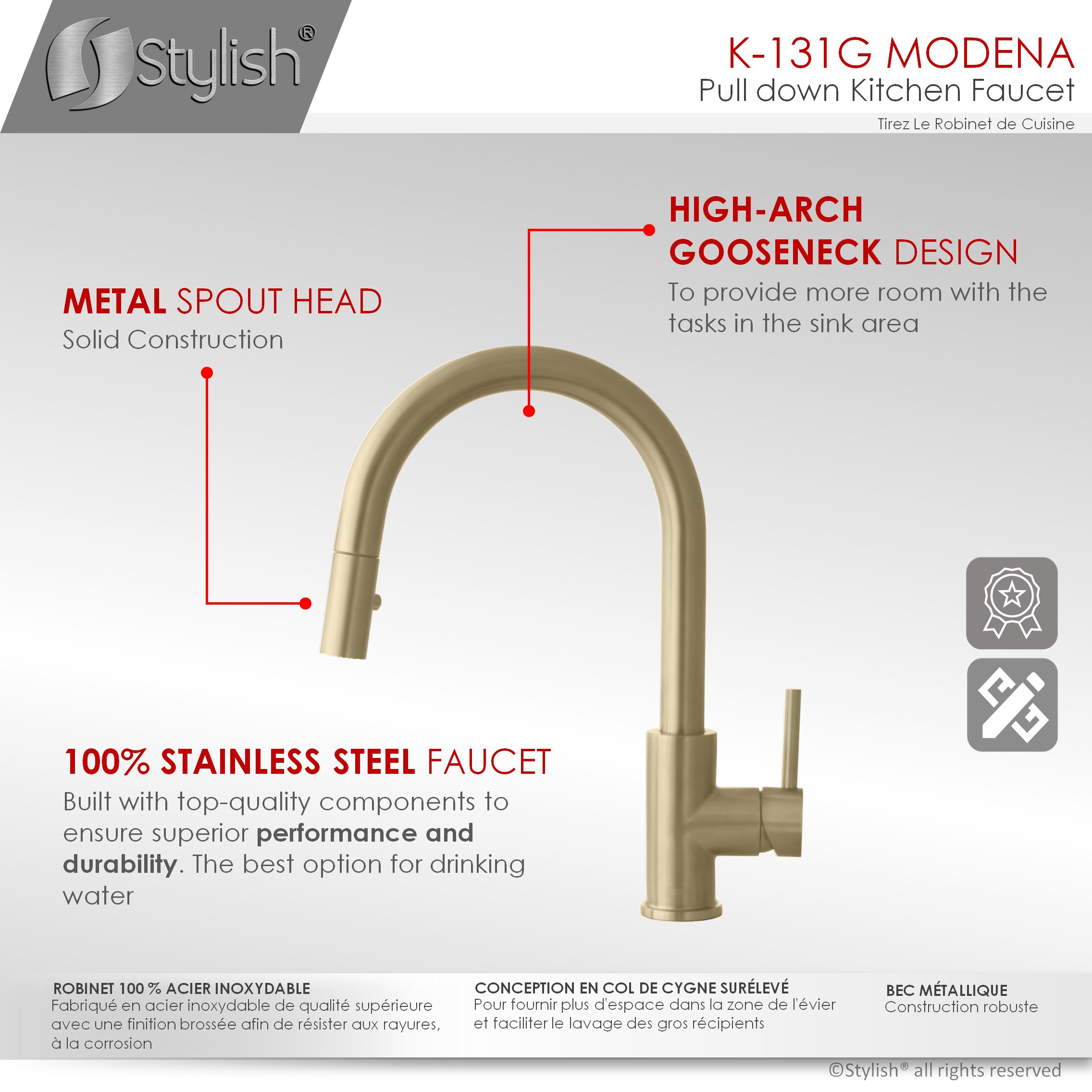 STYLISH Modern Single Handle  Pull down Sprayer  Kitchen Faucet in Gold Finish