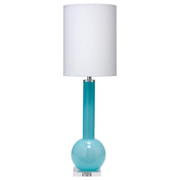 Studio Table Glass Lamp, With Tall Thin Drum Shade, Blue