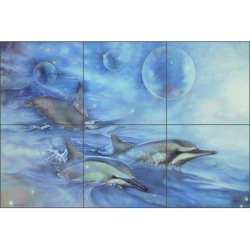 Ceramic Tile Mural Backsplash, Dolphins of the Dreamtime, 18"x12"