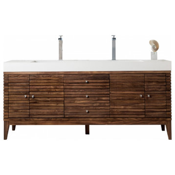 72 Inch Walnut Bathroom Vanity, Double Sink, Glossy White Solid Surface, Outlets