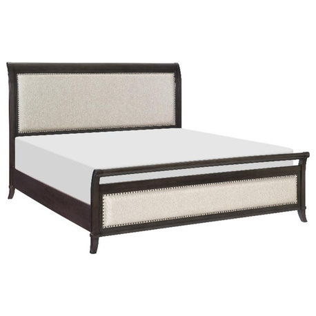 Lexicon Hebron Queen Bed with Upholstered Headboard in Dark Cherry/Beige