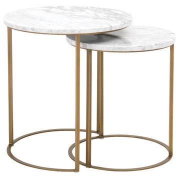 Carrera Round Nesting Accent Table White Carrera Marble, Brushed Gold