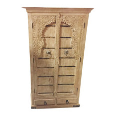 Mogul Interior - Consigned Antique Floral Carved Arched style Cabinet Texas Ranch Armoire - Armoires And Wardrobes