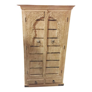 Mogul Interior - Consigned Antique Floral Carved Arched style Cabinet Texas Ranch Armoire - Armoires And Wardrobes