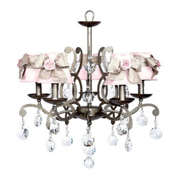5-Light-Chandelier-in-Antique-Grey-with-Pink-Shades-and-Champagne-Sashes-Eleganc - Chandeliers
