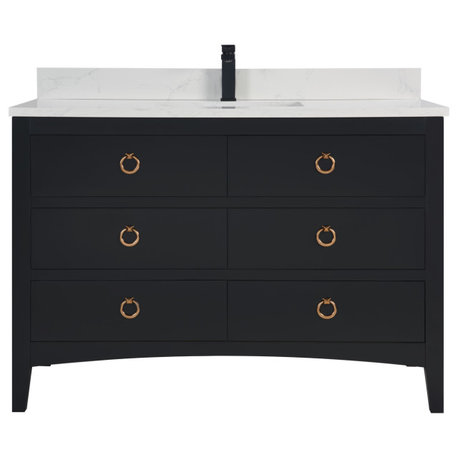 Bath Vanity, Tricorn Black, 48", Artificial Stone Top, Single Sink