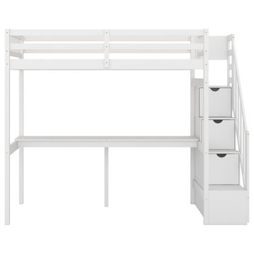 Gewnee Twin Size Loft Bed with Storage Staircase and Built-in Desk in White