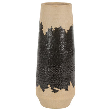 Natural & Black Round Vase w/ Eclectic Brushstroke Design, 6” x 17”