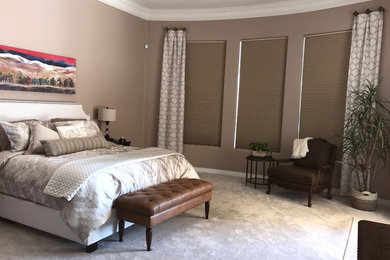 Small elegant master carpeted and beige floor bedroom photo in Phoenix with beige walls
