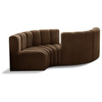 Meridian Furniture - Arc Velvet Upholstered 4-Pc. Facing Modular Sectional, Brown - Give your living room or den the perfect blend of style and versatility with this Arc velvet fabric curved modular Sectional. Part of the Arc modular furniture collection, this Sectional comes upholstered in rich brown velvet fabric and features deep channel tufting that adds a touch of luxury while enhancing comfort and support. A seamless combination of form and function, this chair can be used with other Arc pieces to create a myriad of configurations in your well-curated room.