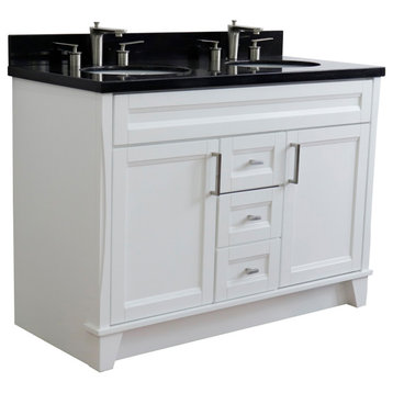 48" Double Sink Vanity, White Finish With Black Galaxy Granite And Oval Sink