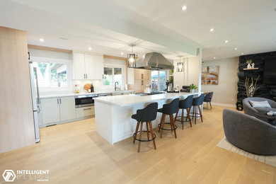 Inspiration for a large light wood floor and brown floor eat-in kitchen remodel in Toronto with an undermount sink, flat-panel cabinets, quartz countertops, multicolored backsplash, quartz backsplash, stainless steel appliances, an island and multicolored countertops