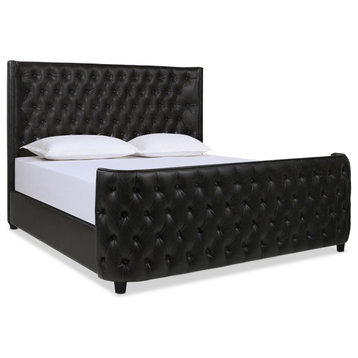 Brooklyn Tufted Wingback Shelter Headboard and Footboard Panel Bed, Vintage Black Brown Faux Leather, King