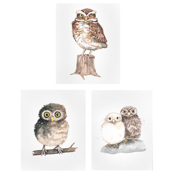 Baby Watercolor Owls Print, 3-Piece Set, Neutral, 8"