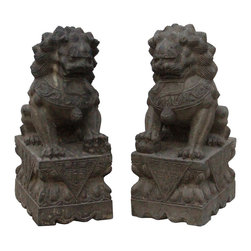Chinese Pair Distressed Brown Gray Stone Fengshui Foo Dogs Statues - Garden Statues And Yard Art