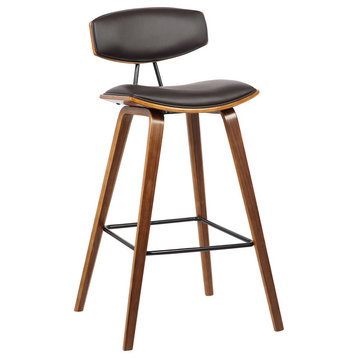 Haluk 30" Barstool, Brown Faux Leather With Walnut Wood