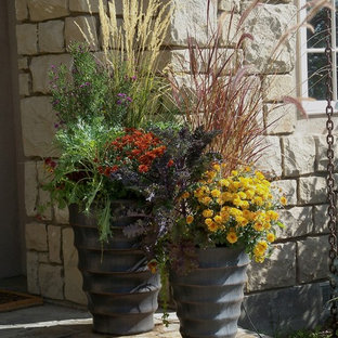 Kleiner, Halbschattiger Stilmix Vorgarten im Herbst mit Kübelpflanzen in Boise