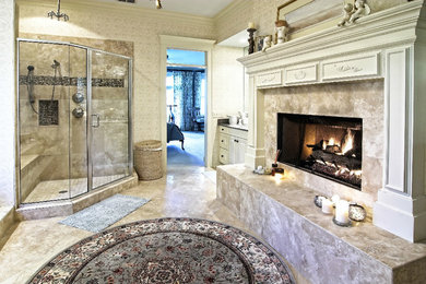 Bathroom - large transitional master stone tile ceramic tile bathroom idea in Atlanta with white cabinets, marble countertops, beaded inset cabinets, beige walls and a drop-in sink