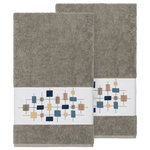 Linum Home Textiles - Khloe 2 Piece Embellished Bath Towel Set - The KHLOE Embellished Towel Collection features a mod geometric grid embroidery on a woven textured border.