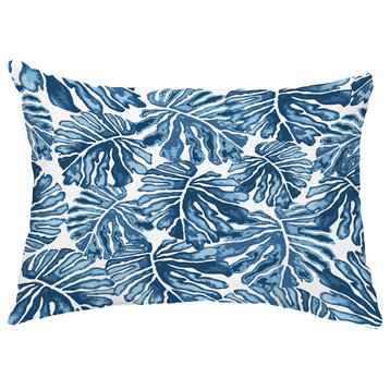 Palm Leaves 14"x20" Floral Decorative Outdoor Pillow, Blue