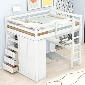 Modern Full Size Loft Bed, Built, Spacious Wardrobe and Integrated Desk, White