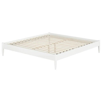 Midcentury Platform Bed, Hardwood Frame With Slatted Support, White/King