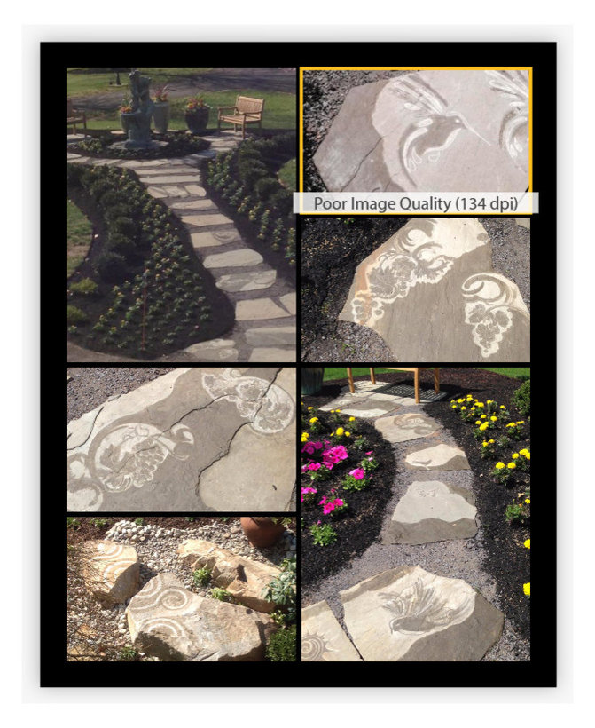 Flagstone Pathway- Artisan stone carvings transform the path with a "Tuscan Vine