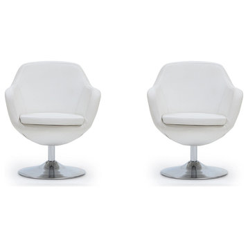 Caisson Faux Leather Swivel Accent Chair, White/Polished Chrome, Set of 2