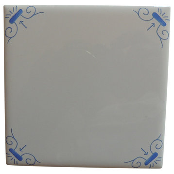 Delft Style Blue and White Wall Tile Oxen Corner Motif Design, Set of 60