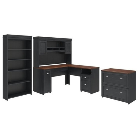 Fairview L Shaped Desk 4 Pc Set with Storage in Antique Black - Engineered Wood