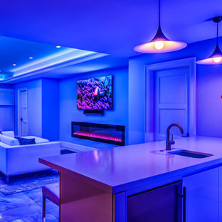 Design ideas for a medium sized classic fully buried basement in Detroit with white walls, marble flooring, a ribbon fireplace, a brick fireplace surround and grey floors.