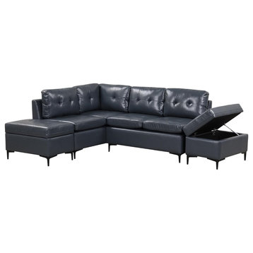 Modern L-Shape Sectional Sofa & 2 Storage Ottomans, PU Leather Upholstery, Blue