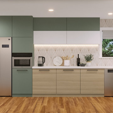 Modern Living Room And Kitchen With Purple and Mint Accents