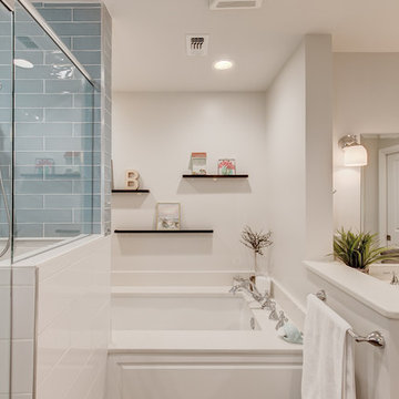 Cozy Master Bathroom With Eye Popping Blue Tiled Shower