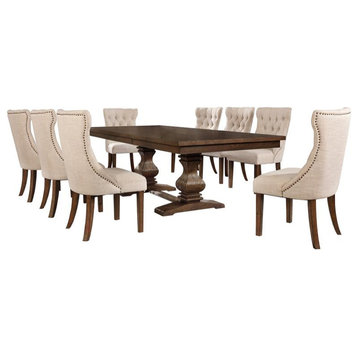 Walnut Wood Dining Set with Extendable Table and Beige Linen Chairs