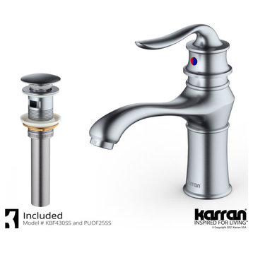 Karran KBF430 1-Hole 1-Handle Basin Faucet With Pop-up Drain, Stainless Steel