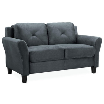 Contemporary Loveseat, Padded Seat With Tufted Back and Rolled Arms, Dark Gray