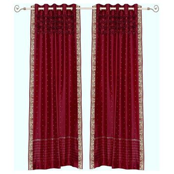 Lined-Maroon Hand Crafted Grommet Top  Sheer Sari Curtain / Drape / Panel-Piece