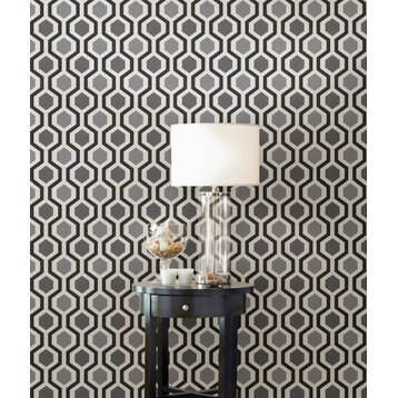 2766-20133 Kitchen & Bath Essentials Kelso Black Geometric Wallpaper