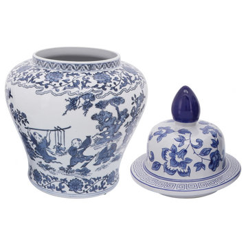 Cer, 15"H Blossoms Temple Jar, Blue