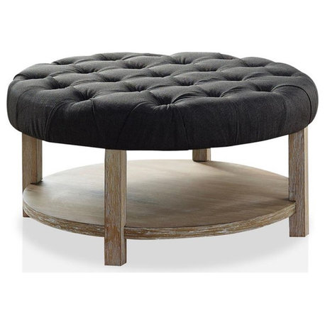 Bowery Hill Wood Tufted Ottoman in Natural and Dark Gray Finish